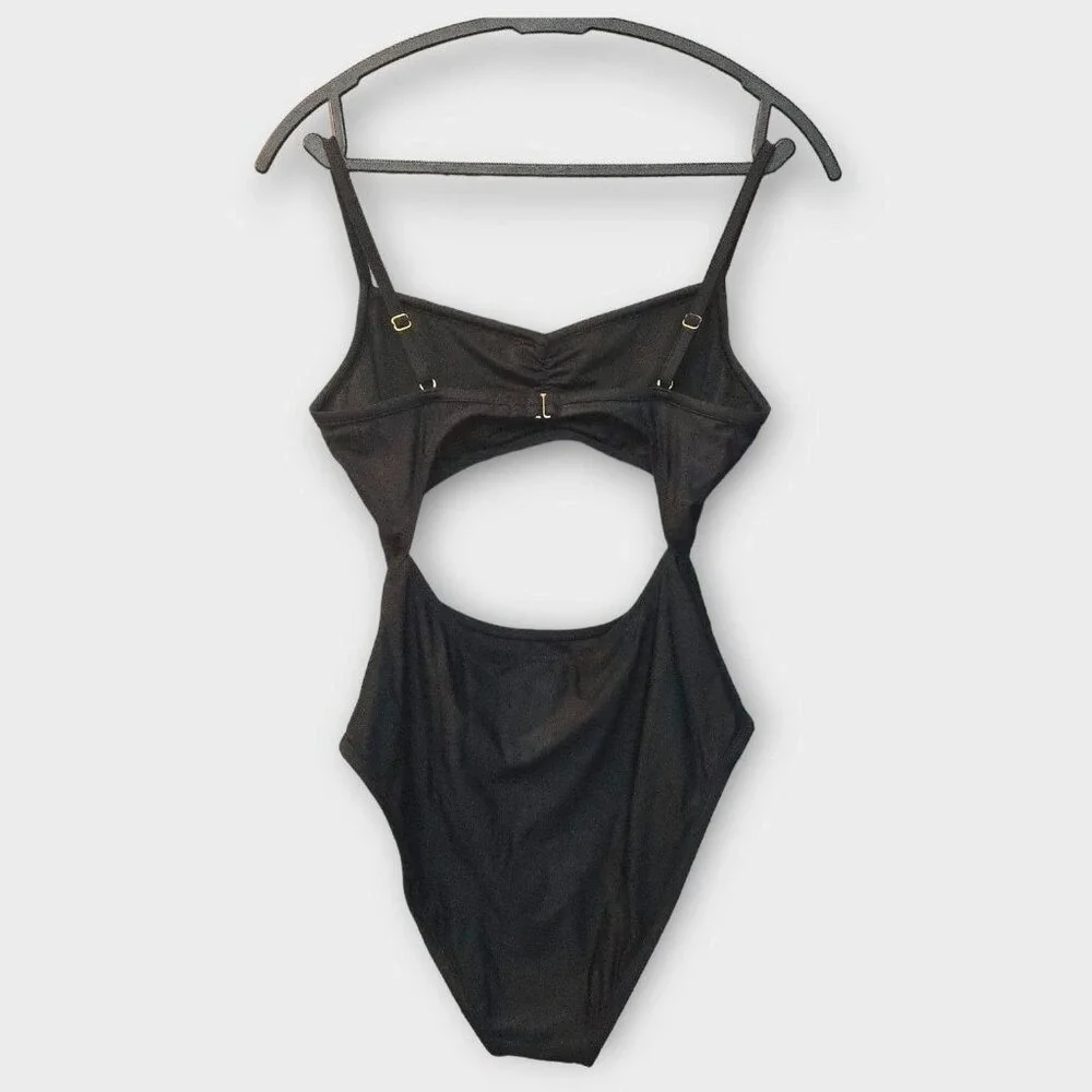 Madewell Cinched Cutout One-Piece Swimsuit Black S Minimalist Beach Neutral NWT